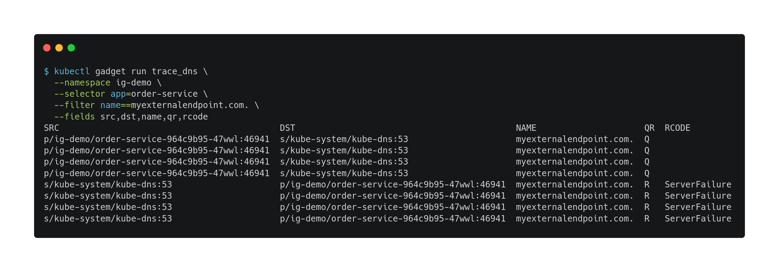 DNS traffic between order-service app and in-cluster DNS service for &quot;myexternalendpoint.com.&quot; domain name