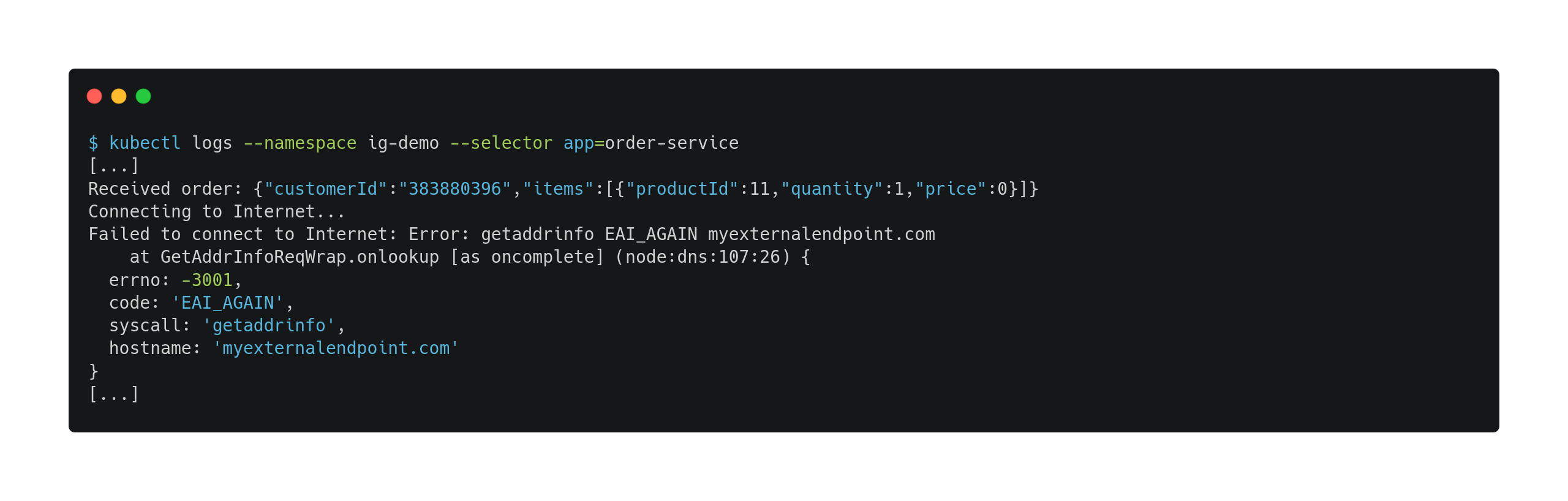 Getting order-service pod logs