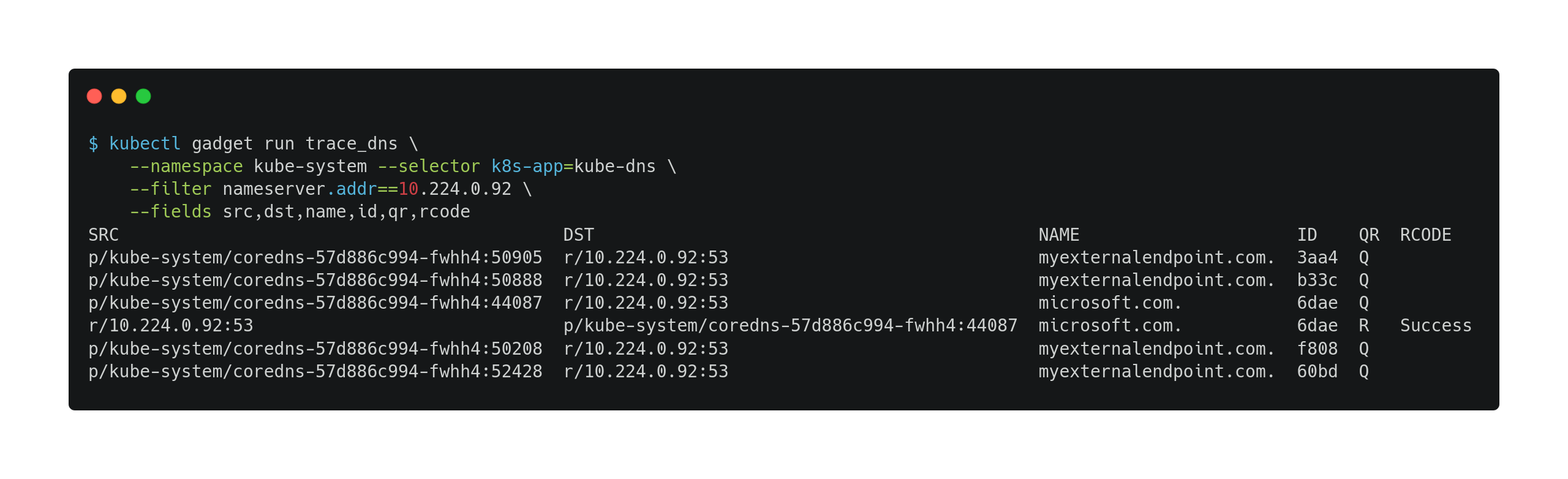 Running the trace_dns gadget for kube-dns pod